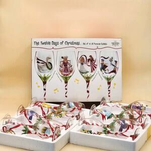 Block Twelve Days of Christmas Goblets Hand Painted Wine Glasses Complete In Box